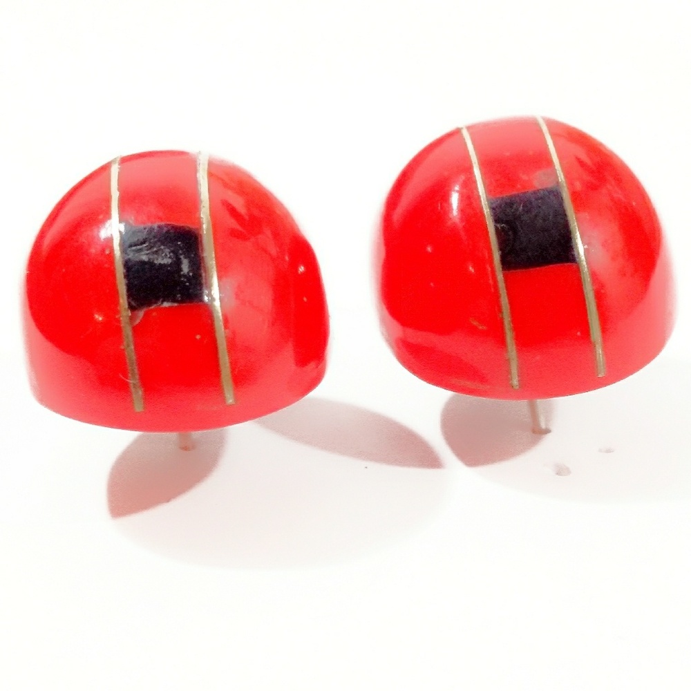 Vintage Mid-Century Modern Red Bakelite Gold Inlay Earrings